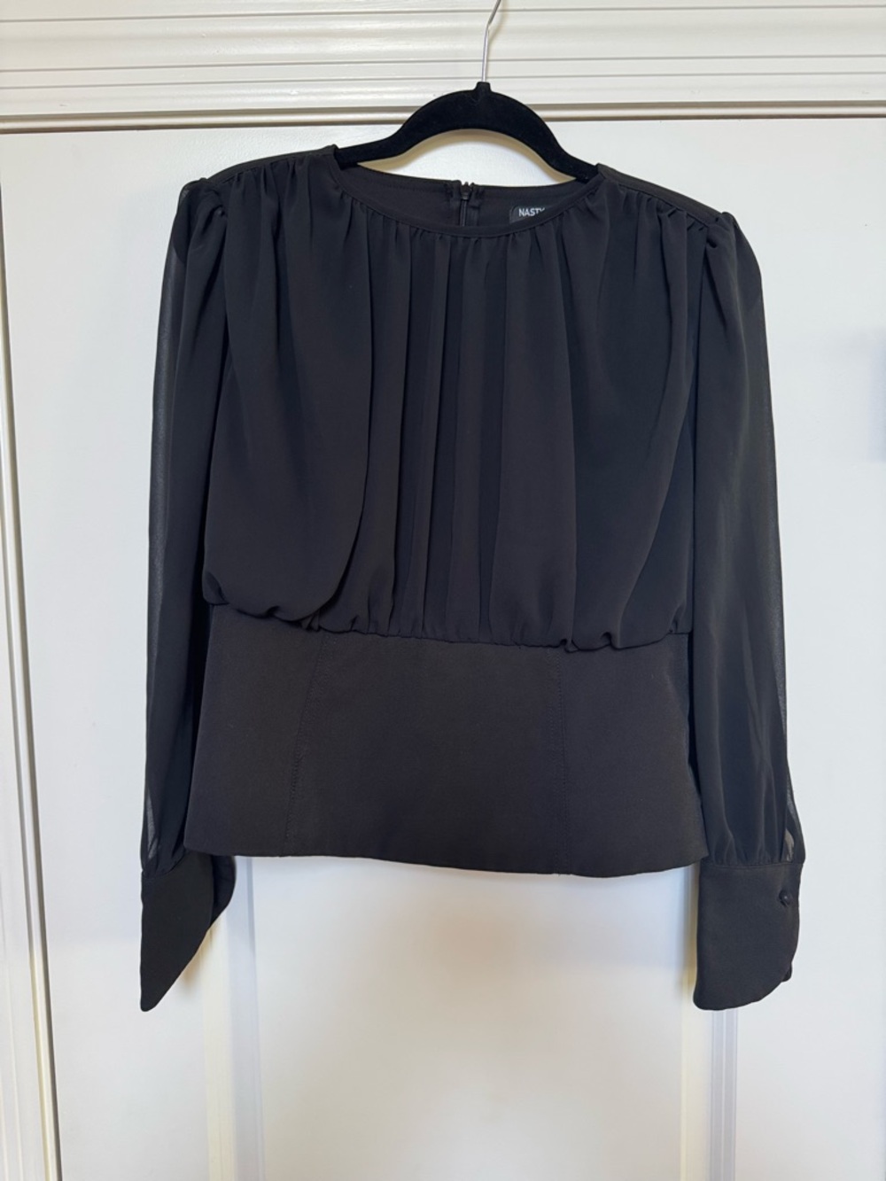 Black Top by Nasty Gal - Sheer Sleeves - Fitted Waist - Zipper - size 8